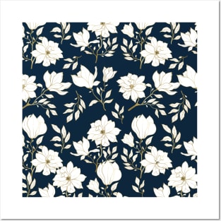 Flowers Gold and Blue Elegant  Floral Pattern Posters and Art